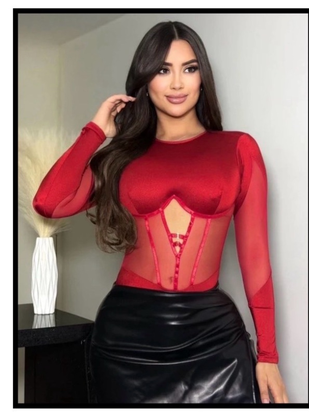 Red Sheer Corset-Style Long Sleeve Bodysuit. New without tags (NWOT) - Picture 2 of 7